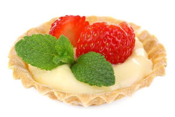 Tasty tartlet with strawberries isolated on white — Stock Photo, Image