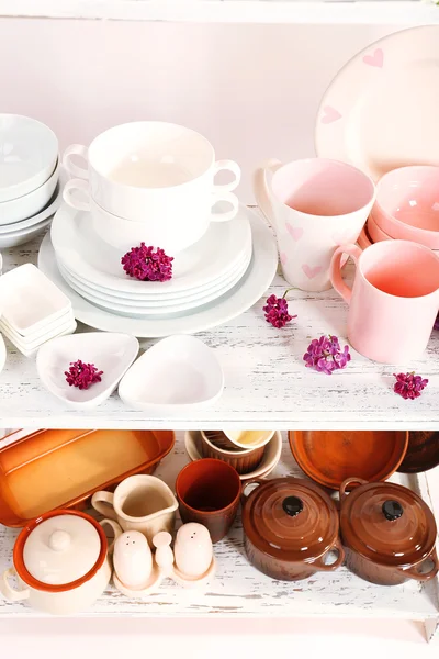 Different tableware on shelf, close up — Stock Photo, Image