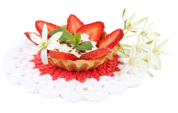 Tasty tartlet with strawberries isolated on white — Stock Photo, Image