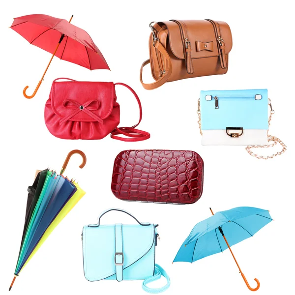 Collage of women's bags and umbrellas isolated on white — Stock Photo, Image