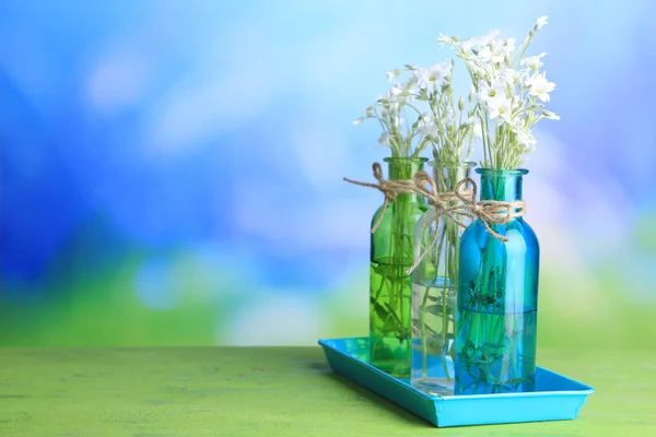 White wildflowers in bottles on wooden table, on light background — Stock Photo, Image