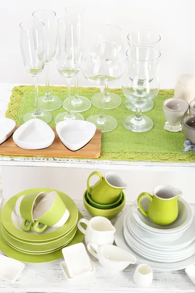 Different tableware on shelf, close up — Stock Photo, Image