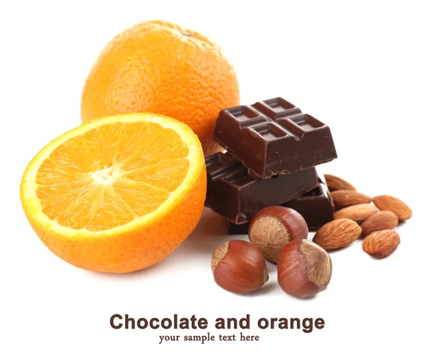 Chocolate, orange and nuts isolated on white — Stock Photo, Image