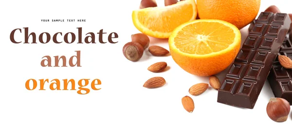 Шоколад, апельсин і горіхи ізольовані на білому — стокове фото