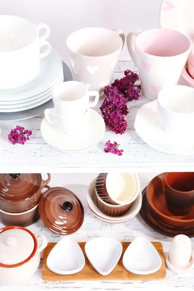 Different tableware on shelf, close up — Stock Photo, Image