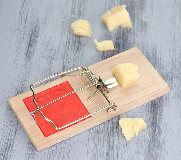 Mousetrap with cheese on wooden background — Stock Photo, Image