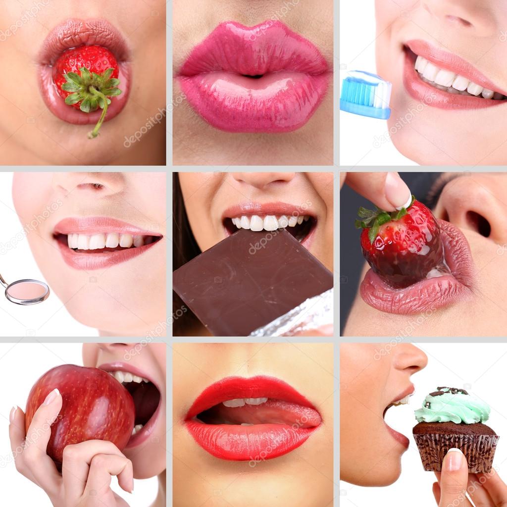 Collage of female mouth desire eating