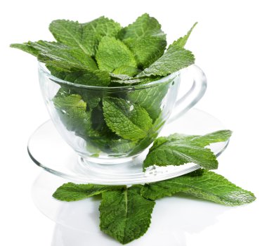 beyaz izole cam fincan nane yaprakları
