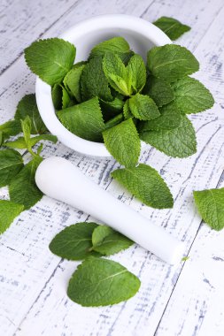 renkli ahşap zemin üzerine harç içinde taze yeşil nane