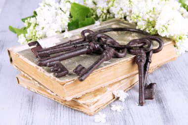 eski anahtarları ve ahşap zemin üzerinde eski kitaplar güzel kompozisyonu