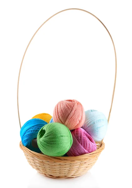 Colorful yarn balls for knitting in wicker basket, isolated on white — Stock Photo, Image