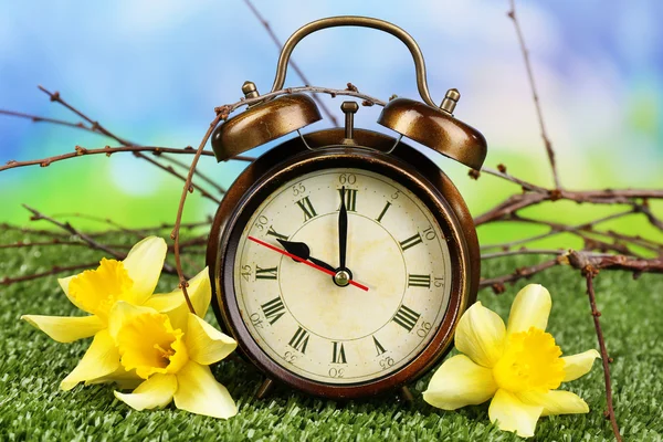 Alarm clock on green grass, on nature background — Stock Photo, Image