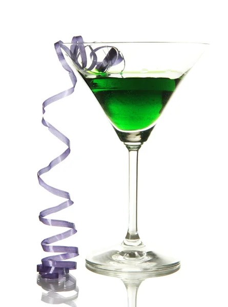 Glass of cocktail and streamer after party isolated on white — Stock Photo, Image