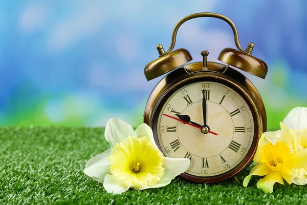 Reloj despertador sobre hierba verde, sobre fondo natural —  Fotos de Stock