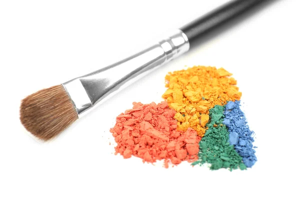 Rainbow crushed eyeshadow and professional make-up brush isolated on white — Stock Photo, Image