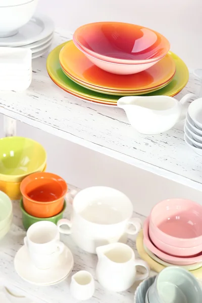 Different tableware on shelf, close up — Stock Photo, Image