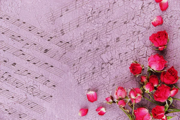 Vacker rosa torkade rosor på gamla trä bakgrund med anteckningar — Stockfoto