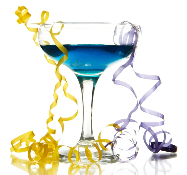 Glass of cocktail and streamer after party isolated on white — Stock Photo, Image