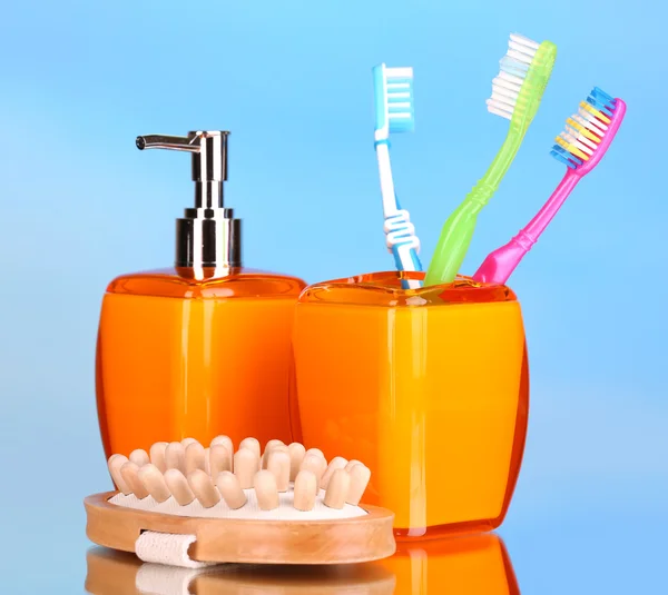 Bathroom set on blue background — Stock Photo, Image