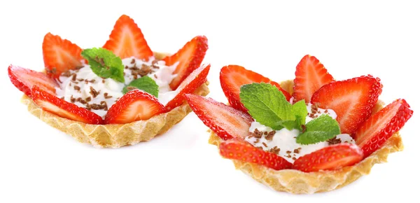 Tasty tartlets with strawberries isolated on white — Stock Photo, Image