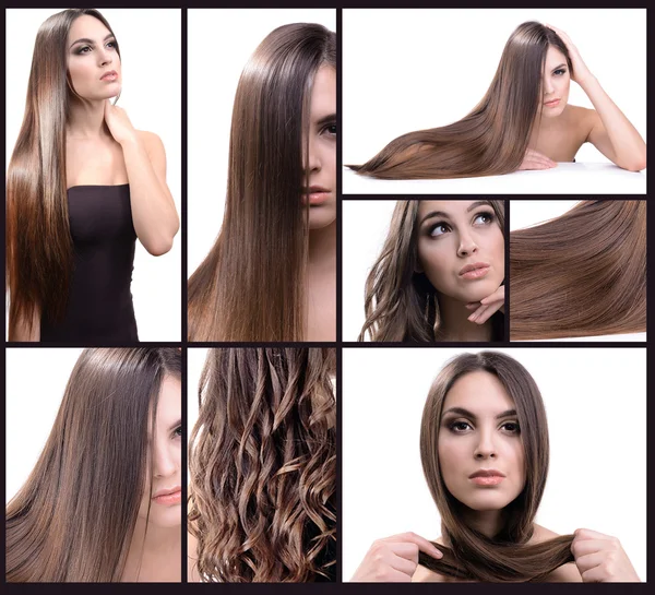 Colagem de penteado de moda. Menina bonita com cabelo longo natural — Fotografia de Stock