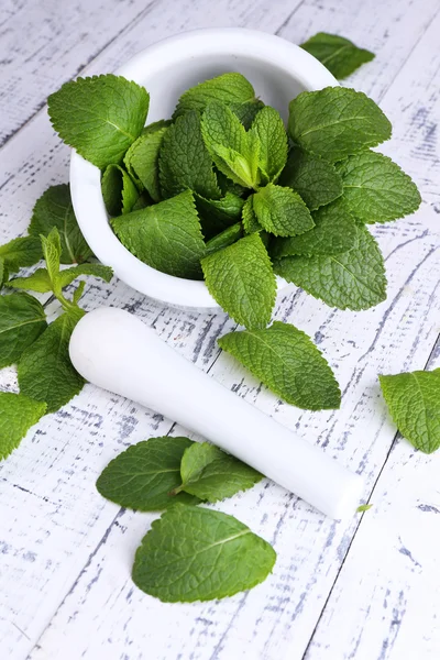 renkli ahşap zemin üzerine harç içinde taze yeşil nane