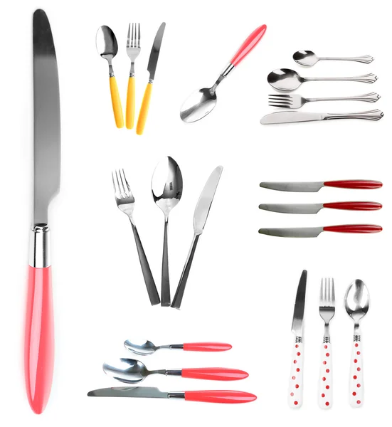 Collage of different cutlery design isolated on white — Stock Photo, Image