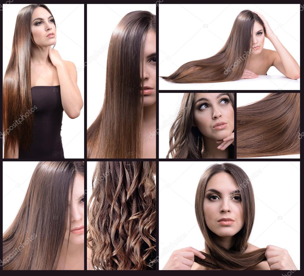 Fashion hairstyle collage. Beautiful girl with natural long hair