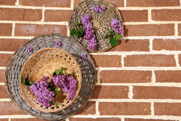 Lindas flores lilás na cesta de vime no fundo de pedras coloridas — Fotografia de Stock