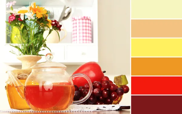 Kuchyně složení. barevná paleta s bezplatnou vzorník — Stock fotografie