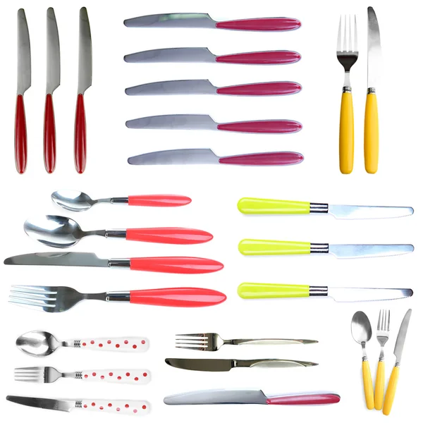 Collage of different cutlery design isolated on white — Stock Photo, Image