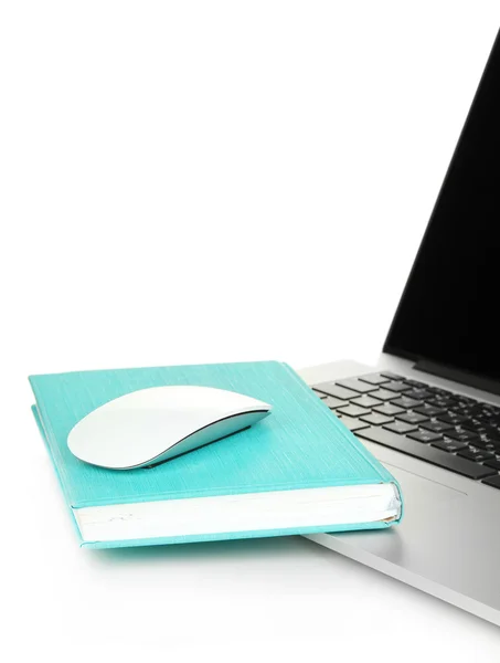 Computer mouse on book and notebook isolated on white — Stock Photo, Image