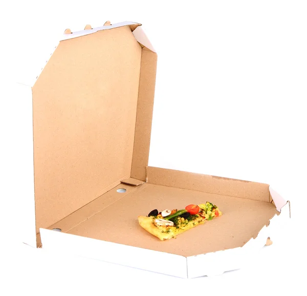 Dernière tranche de pizza végétarienne savoureuse en boîte, isolée sur blanc — Photo