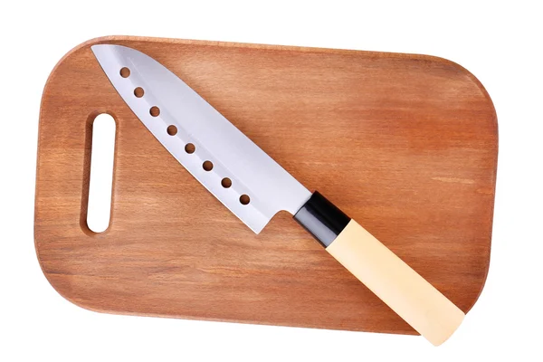 Coltello da cucina e tagliere in legno, isolato su bianco — Foto Stock