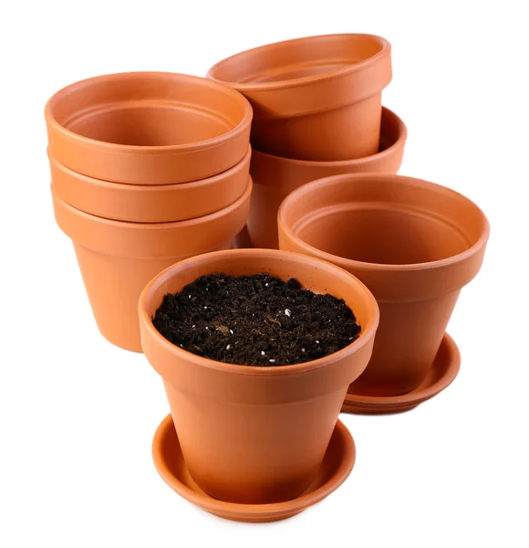 Clay flower pots and soil, isolated on white — Stock Photo, Image