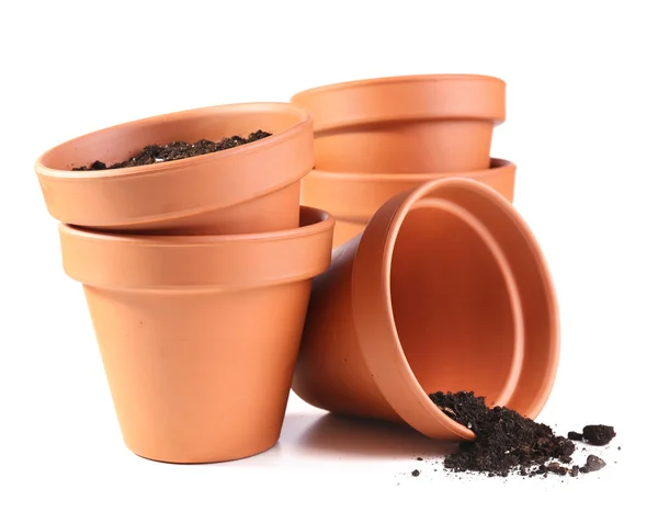 Clay flower pots and soil, isolated on white — Stock Photo, Image