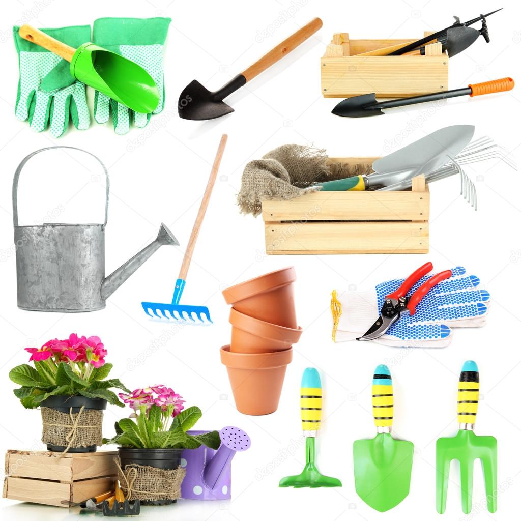 Collage of gardening tools isolated on white