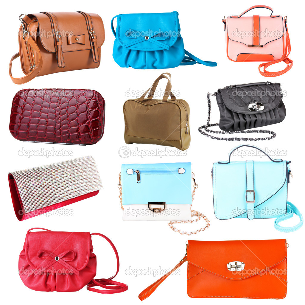 Collage of women's bags isolated on white