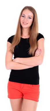 şort ve tişört üzerine beyaz izole güzel genç kız