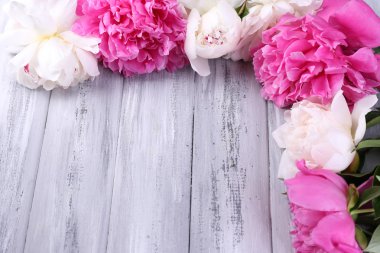 Beautiful pink and white peonies on color wooden background clipart