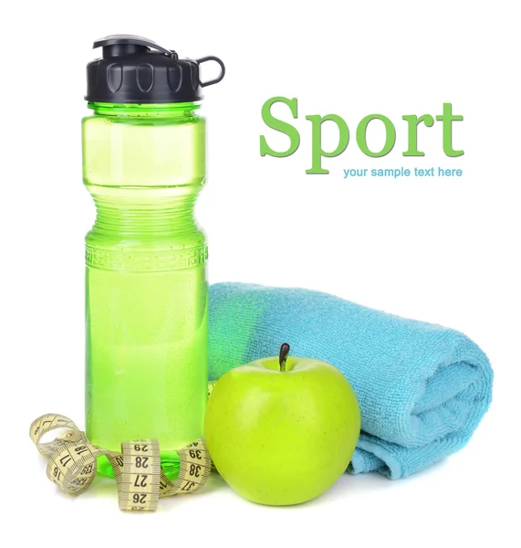 Sports bottle, apple,towel and measuring tape isolated on white — Stock Photo, Image