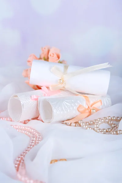 Beautiful handmade wedding cards on light background — Stock Photo, Image