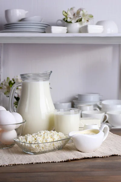 Still life with tasty dairy products on table — Stock Photo, Image