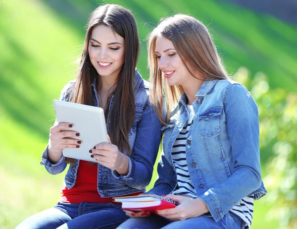 Estudiantes felices sentados en el parque — Foto de Stock