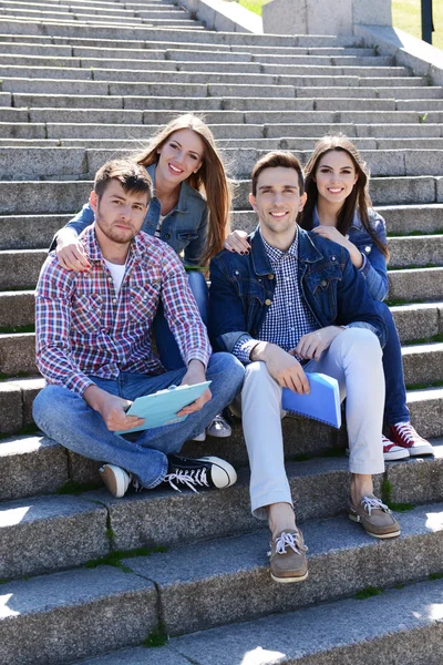 Happy students sitting on stairs in park — Stock Photo, Image