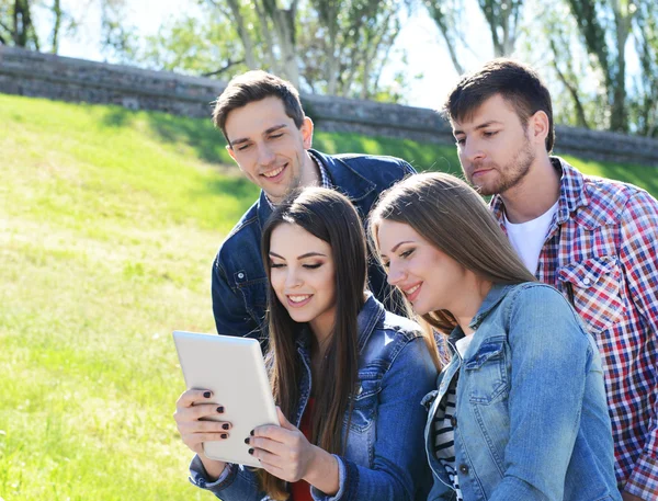 Šťastní studenti sedí v parku — Stock fotografie