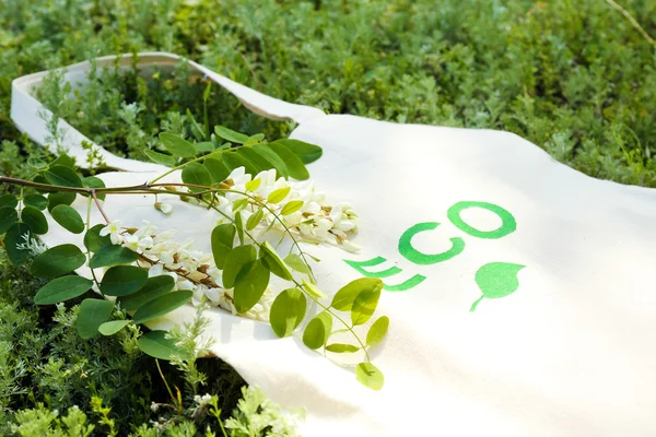 Öko-Tasche auf grünem Gras, im Freien — Stockfoto