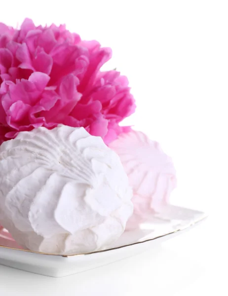 Beautiful peony flower and marshmallow dessert, isolated on white — Stock Photo, Image