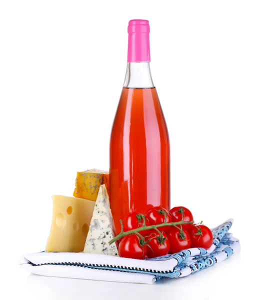 Pink wine and different kinds of cheese isolated on white — Stock Photo, Image