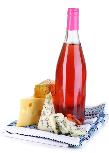 Pink wine and different kinds of cheese isolated on white — Stock Photo, Image